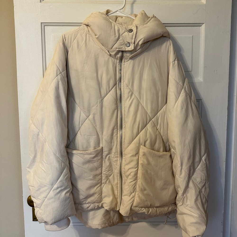 Free People Cream Puffer Jacket with Hood